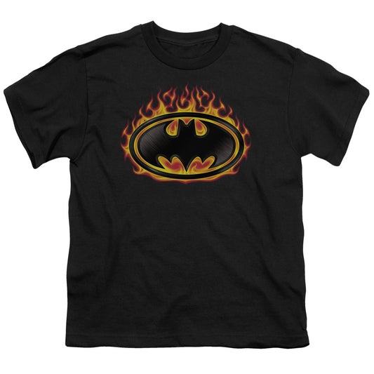 Batman - Bat Flames Shield - Short Sleeve Youth 18/1 - Black T-shirt