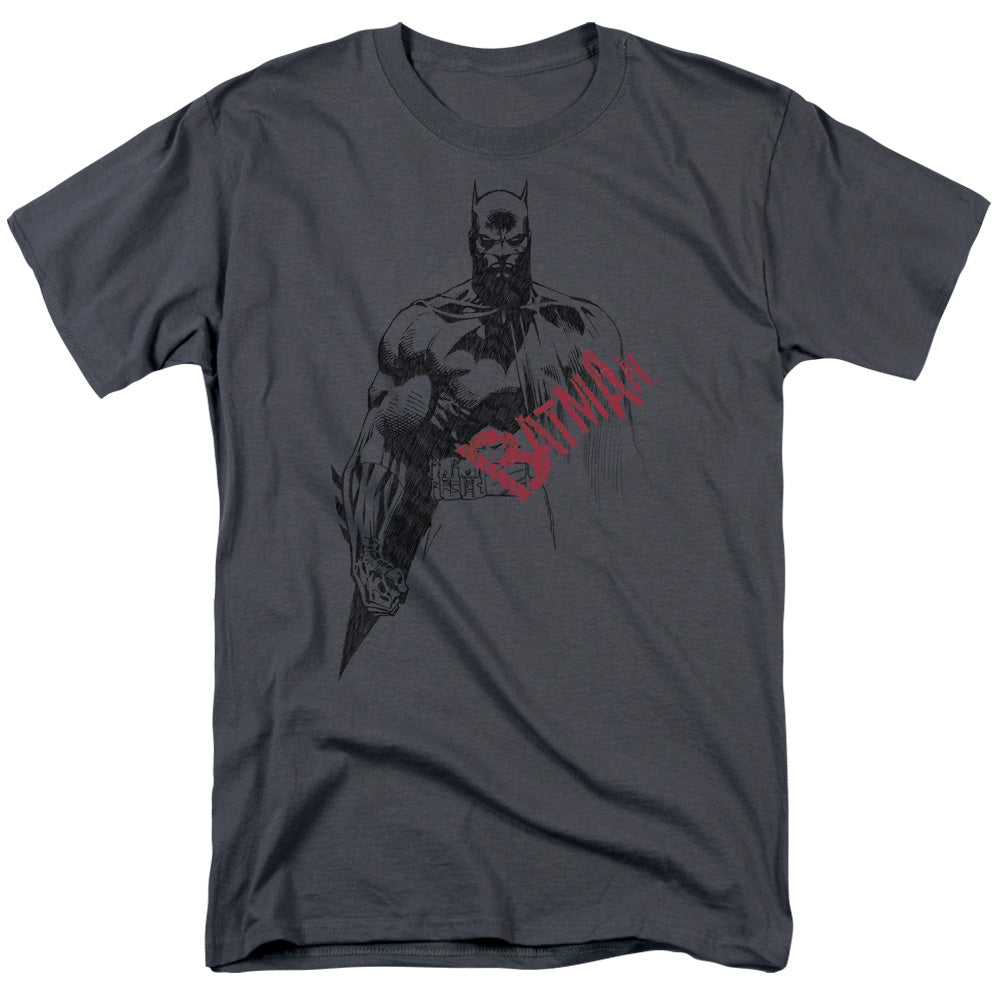 Batman - Sketch Bat Red Logo - Short Sleeve Adult 18/1 - Charcoal T-shirt