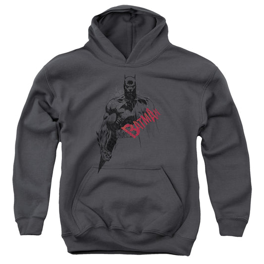 Batman - Sketch Bat Red Logo - Youth Pull-over Hoodie - Charcoal