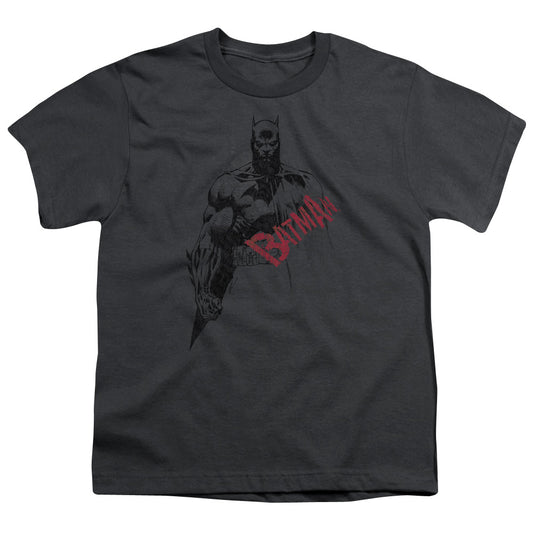 Batman - Sketch Bat Red Logo - Short Sleeve Youth 18/1 - Charcoal T-shirt
