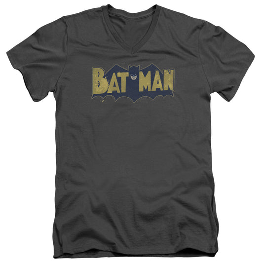 Batman - Vintage Logo Splatter - Short Sleeve Adult V-neck - Charcoal T-shirt