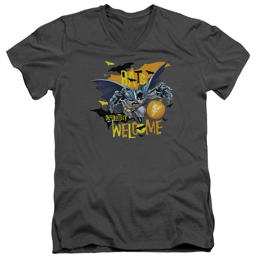 Batman - Bats Welcome - Short Sleeve Adult V-neck - Charcoal T-shirt