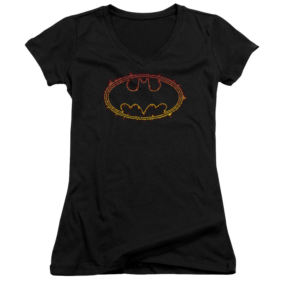 Batman Flame Outlined Logo - Junior V-neck - Black