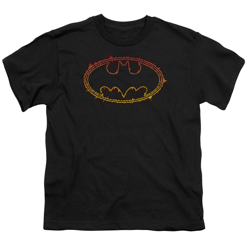 Batman - Flame Outlined Logo - Short Sleeve Youth 18/1 - Black T-shirt