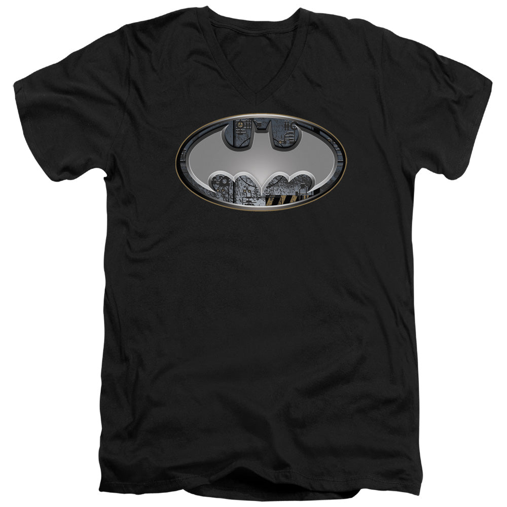 Batman - Steel Wall Shield - Short Sleeve Adult V-neck - Black T-shirt