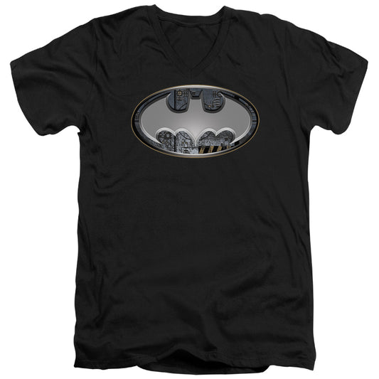 Batman - Steel Wall Shield - Short Sleeve Adult V-neck - Black T-shirt