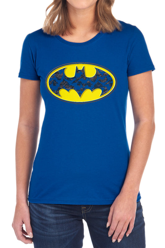 Batman - Bats In Logo - Short Sleeve Womens Tee - Black T-shirt