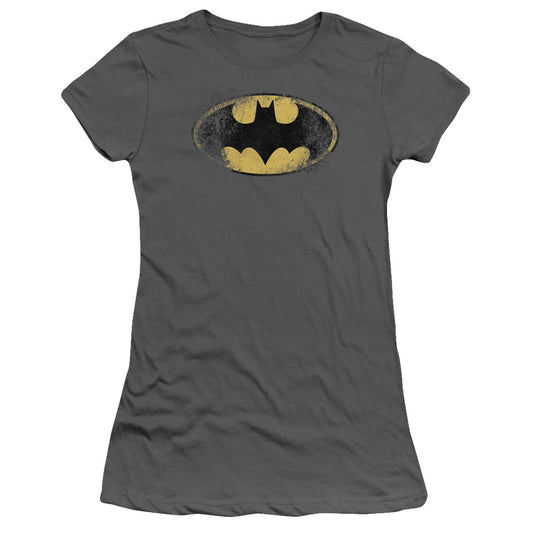 Batman - Destroyed Logo - Short Sleeve Junior Sheer - Charcoal T-shirt