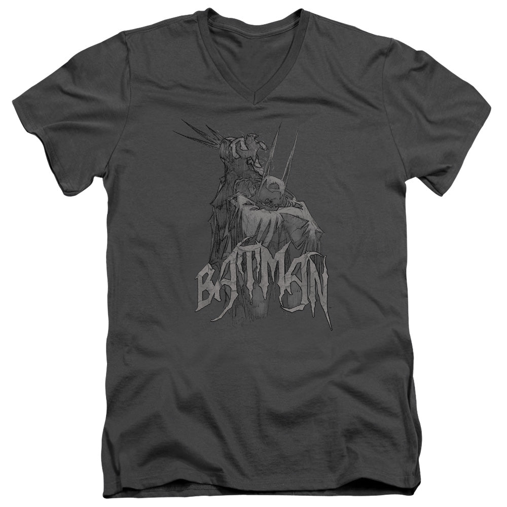 Batman - Scary Right Hand - Short Sleeve Adult V-neck - Charcoal T-shirt