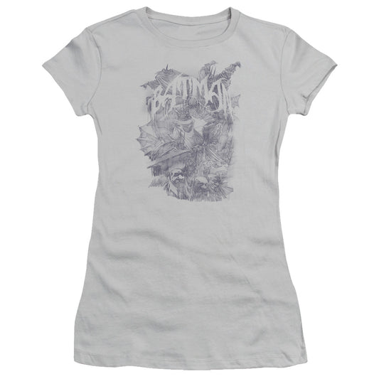 Batman - Pencil Bat Collage - Short Sleeve Junior Sheer - Silver T-shirt