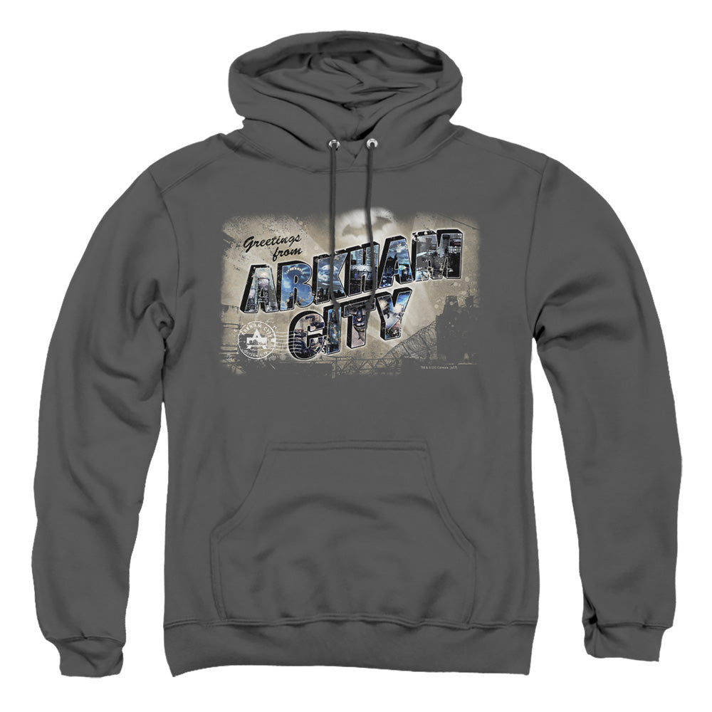 Arkham City - Greetings From Arkham - Adult Pull-over Hoodie - Charcoal