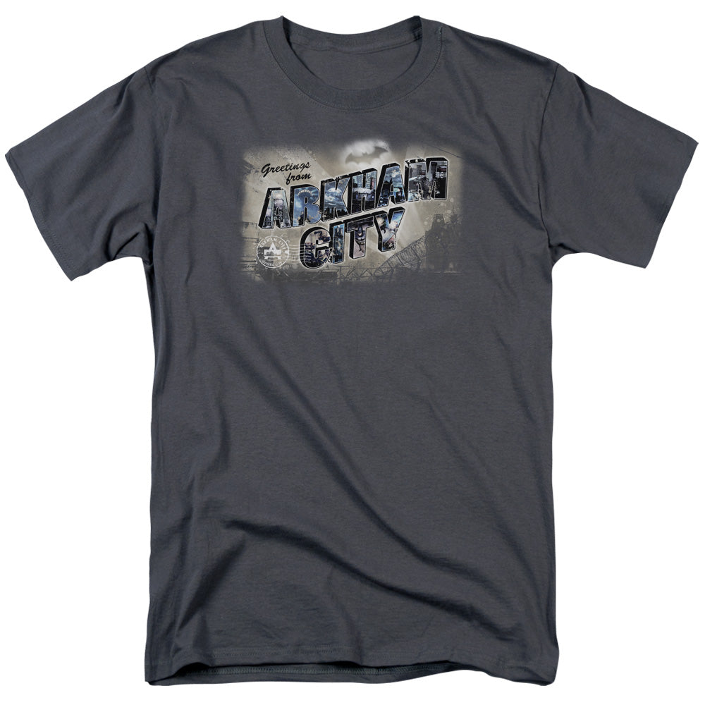 Arkham City - Greetings From Arkham - Short Sleeve Adult 18/1 - Charcoal T-shirt