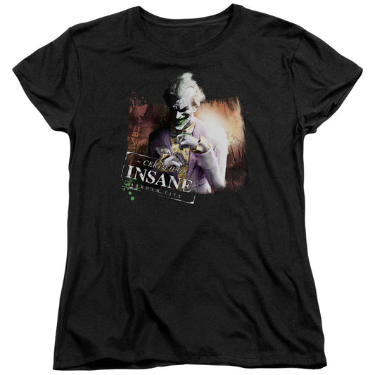 Arkham City - Certified Insane - Short Sleeve Womens Tee - Black T-shirt