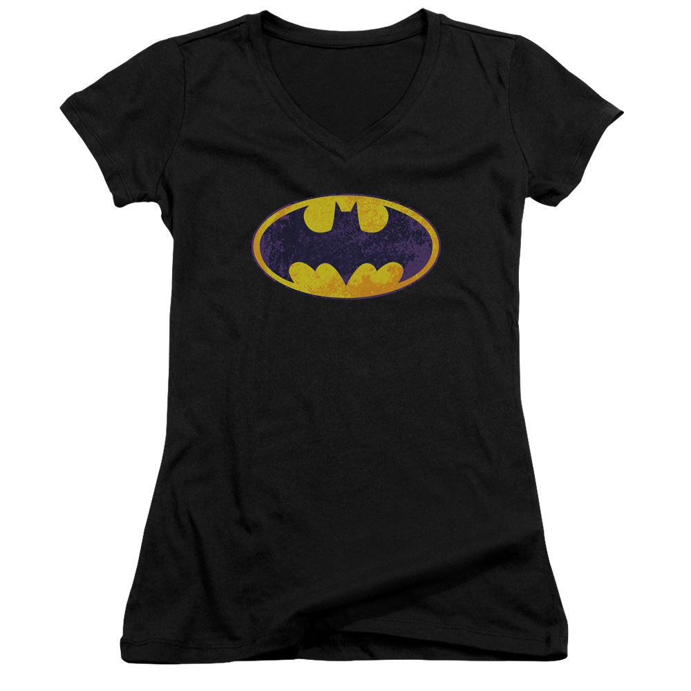Batman - Bm Neon Distress Logo - Junior V-neck - Black
