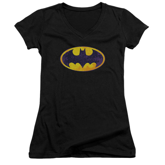 Batman - Bm Neon Distress Logo - Junior V-neck - Black