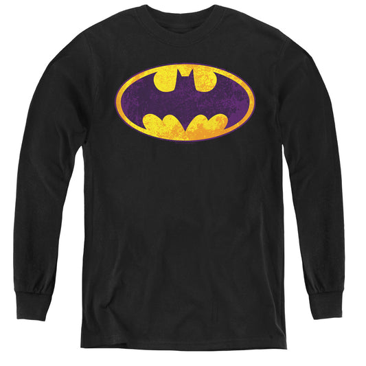 Batman - Bm Neon Distress Logo - Youth Long Sleeve Tee - Black