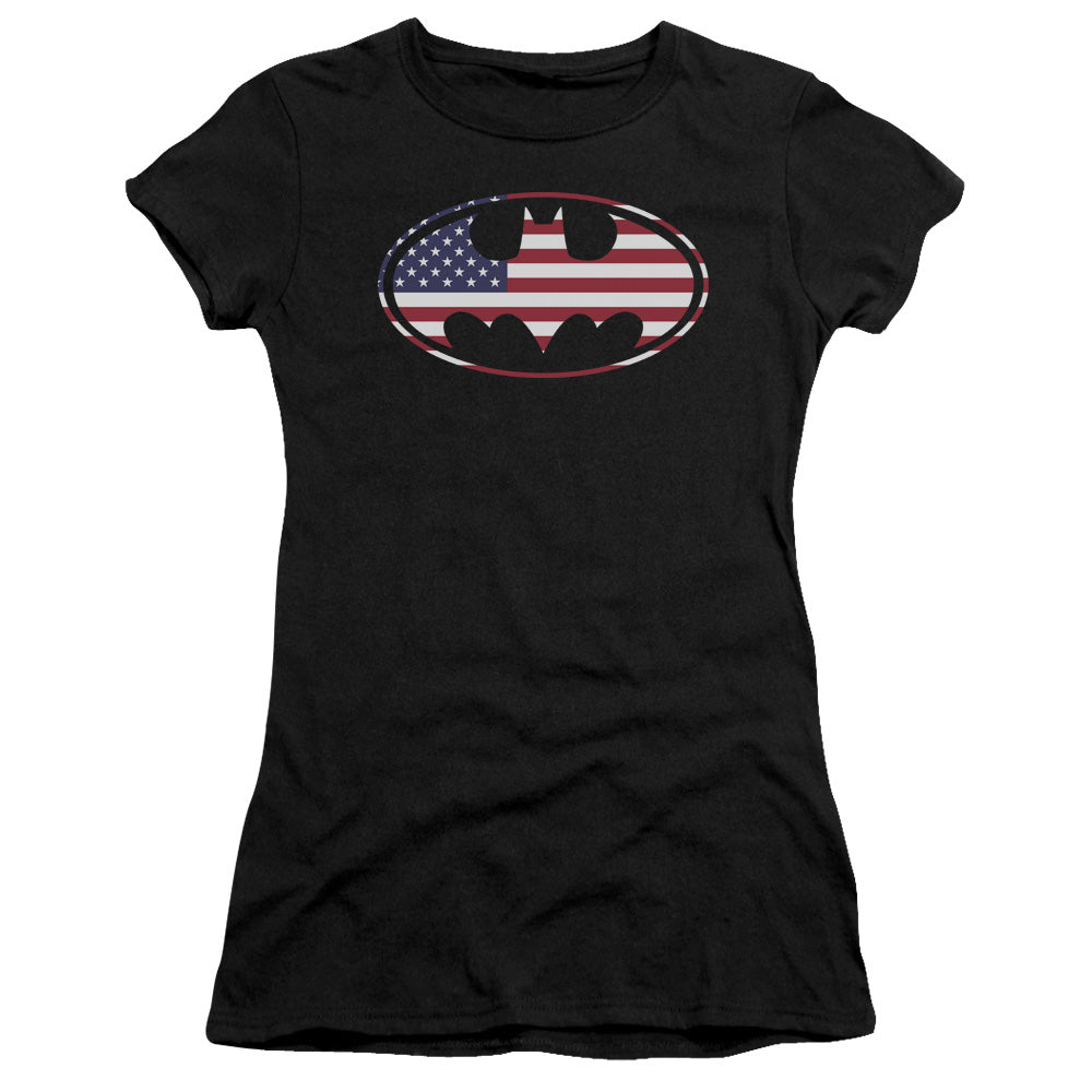 Batman - American Flag Oval - Short Sleeve Junior Sheer - Black T-shirt