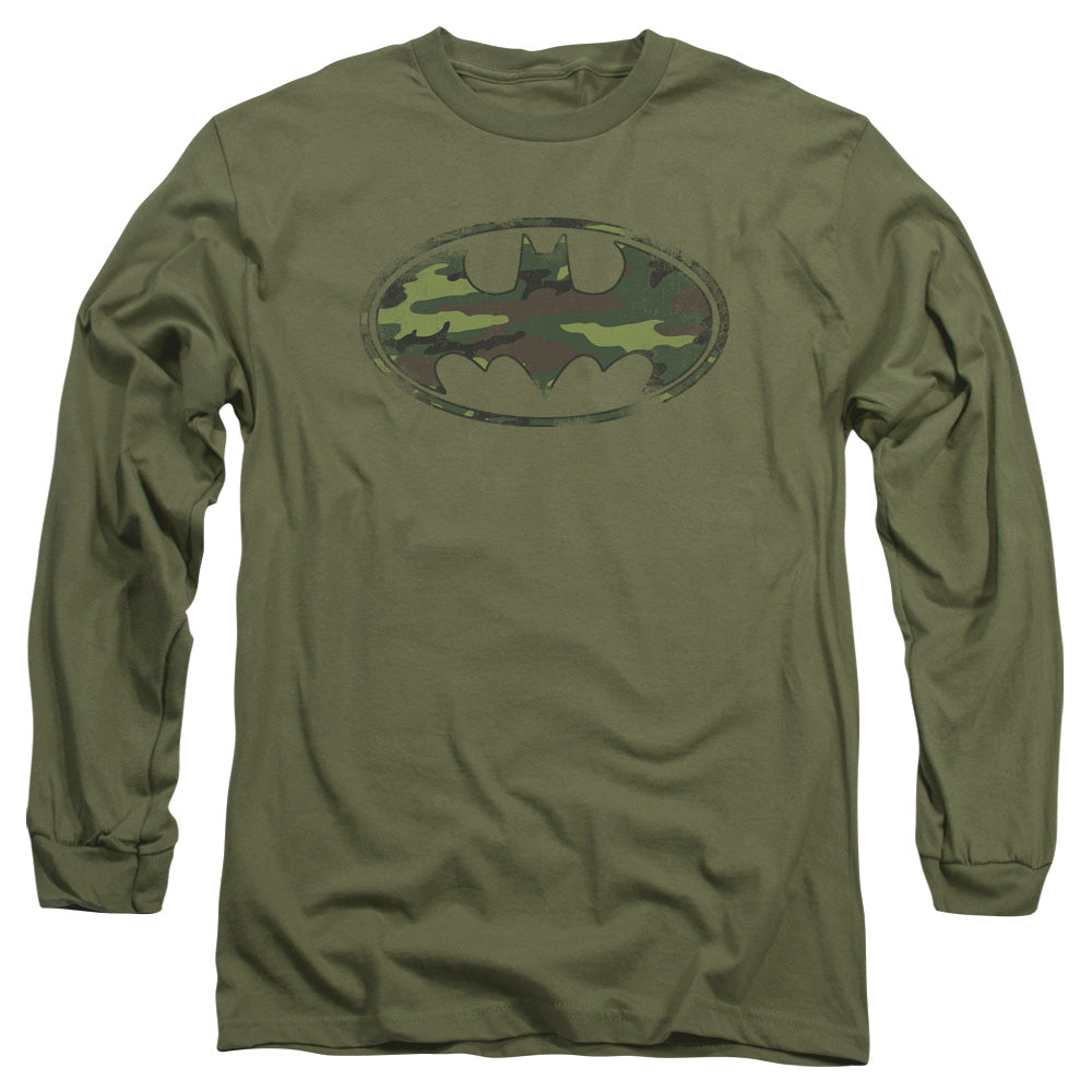 Batman - Distressed Camo Shield - Long Sleeve Adult 18/1 - Military Green T-shirt