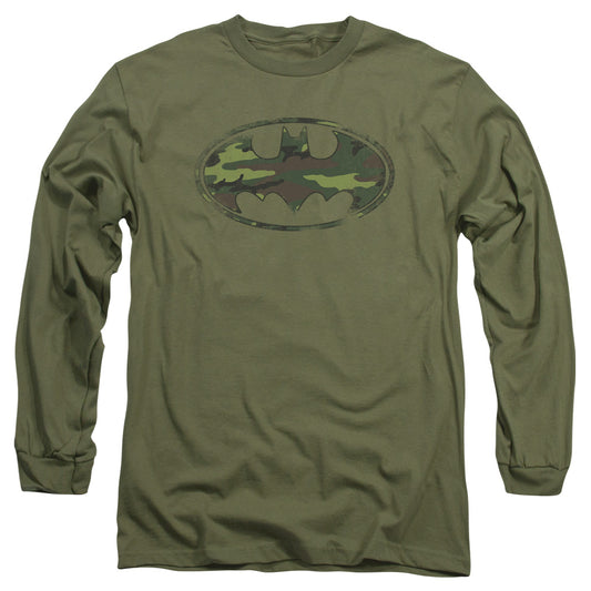 Batman - Distressed Camo Shield - Long Sleeve Adult 18/1 - Military Green T-shirt