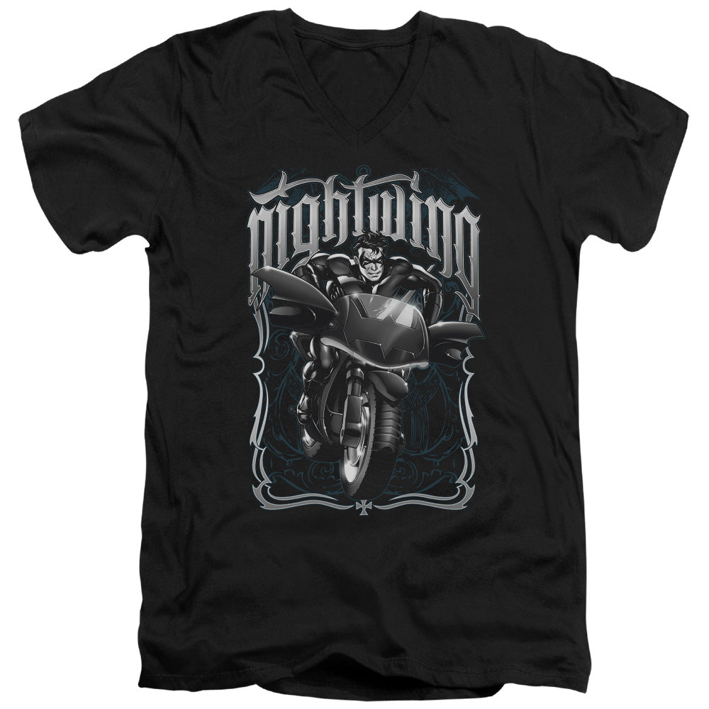 Batman - Nightwing Biker - Short Sleeve Adult V-neck - Black T-shirt