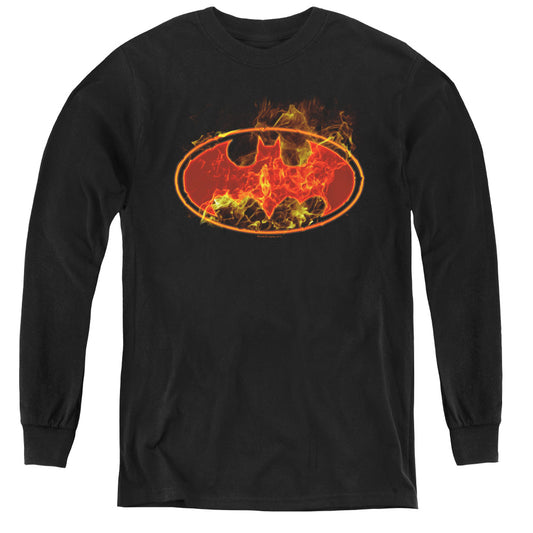 Batman - Flames Logo - Youth Long Sleeve Tee - Black
