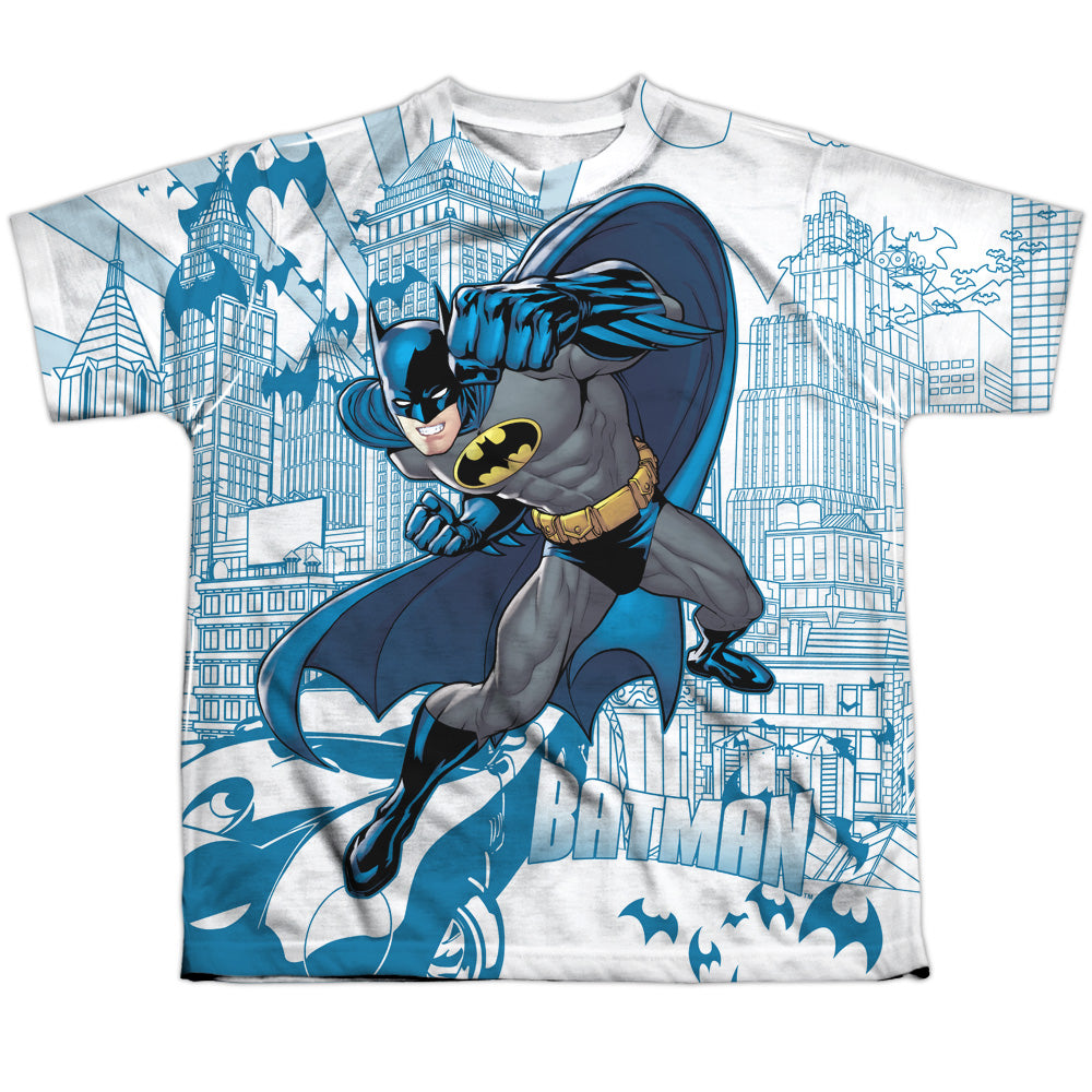 Batman - Skyline All Over - Short Sleeve Youth Poly Crew - White T-shirt