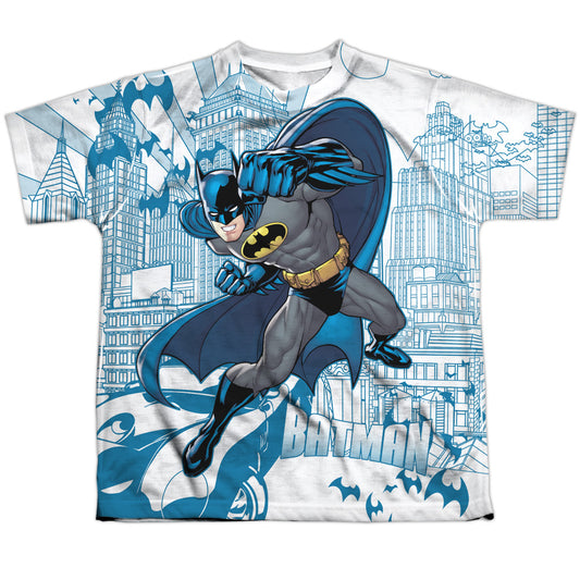 Batman - Skyline All Over - Short Sleeve Youth Poly Crew - White T-shirt
