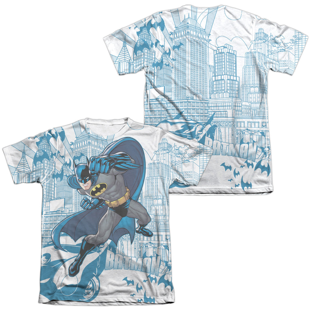 Batman - Skyline All Over (Front/back Print) - Adult 65/35 Poly/cotton Short Sleeve Tee - White T-shirt