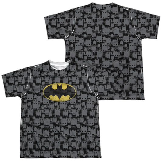 Batman - Caped Crusader Repeat (Front/back Print) - Short Sleeve Youth Poly Crew - White T-shirt