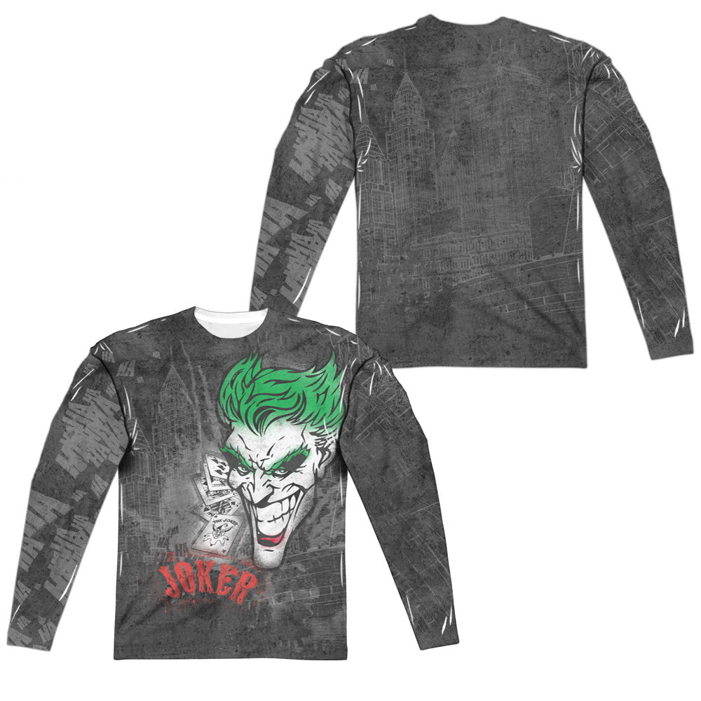 Batman - Joker Sprays The City (Front/back Print) - Long Sleeve Adult Poly Crew  - White T-shirt