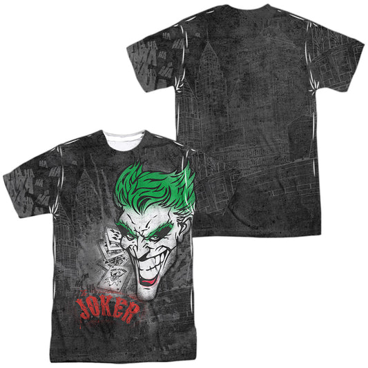 Batman - Joker Sprays The City (Front/back Print) -  Short Sleeve Adult 100% Poly Crew - White T-shirt