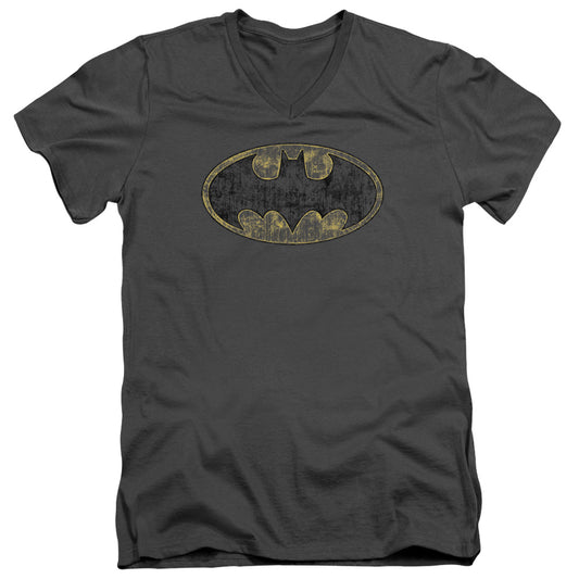 Batman - Tattered Logo - Short Sleeve Adult V-neck 30/1 - Charcoal T-shirt