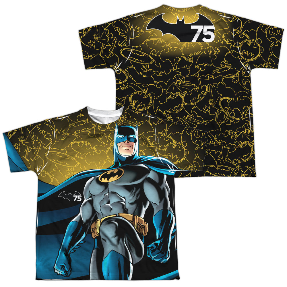 Batman - 75 Glow (Front/back Print) - Short Sleeve Youth Poly Crew - White T-shirt