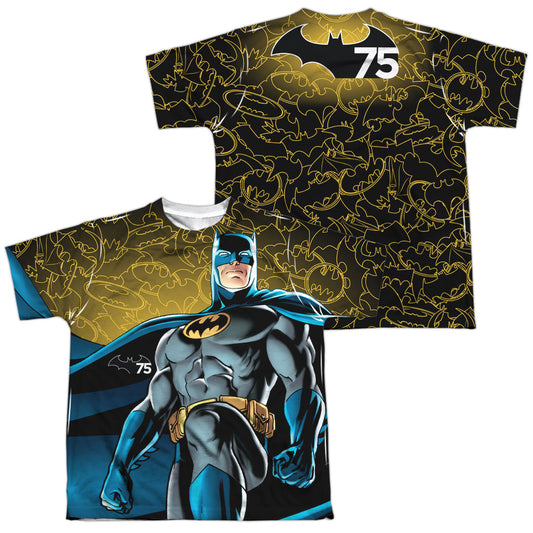 Batman - 75 Glow (Front/back Print) - Short Sleeve Youth Poly Crew - White T-shirt