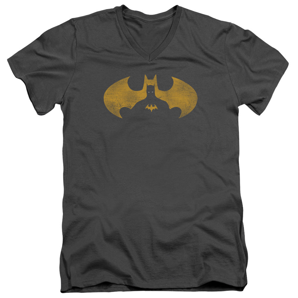 Batman - Bat Symbol Knockout - Short Sleeve Adult V-neck 30/1 - Charcoal T-shirt