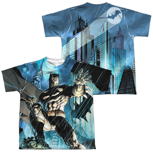 Batman - Rainy Rooftop (Front/back Print) - Short Sleeve Youth Poly Crew - White T-shirt
