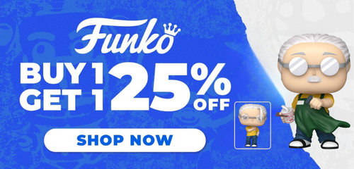 Funko promotional banner with a discount offer Buy 1 Get 1 25% Off and a Funko Pop! figure 