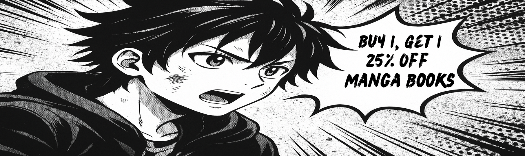 Manga-style character with promotional text for Buy 1, Get 1 25% off manga books