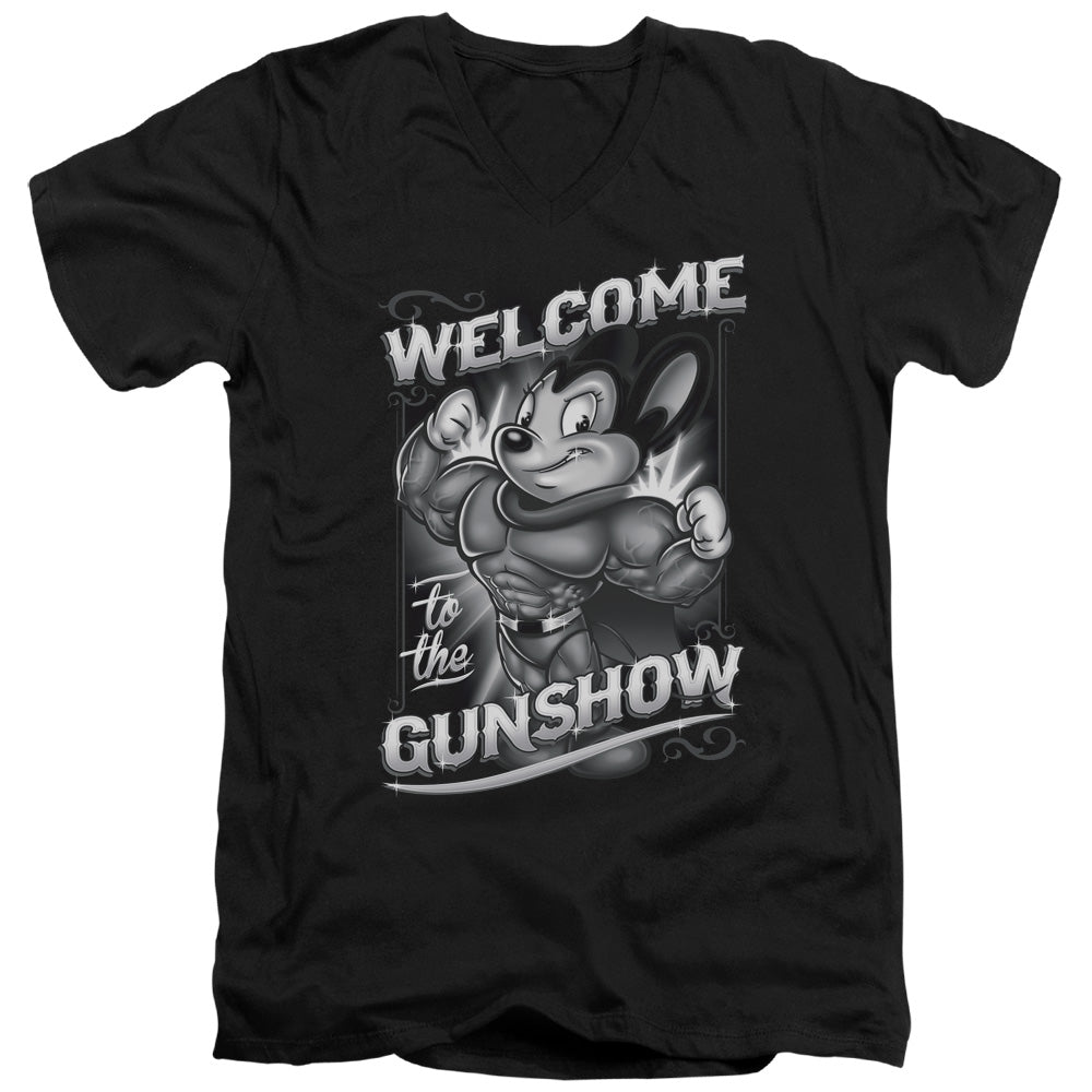 Mighty Mouse - Mighty Gunshow - Short Sleeve Adult V-neck - Black T-shirt