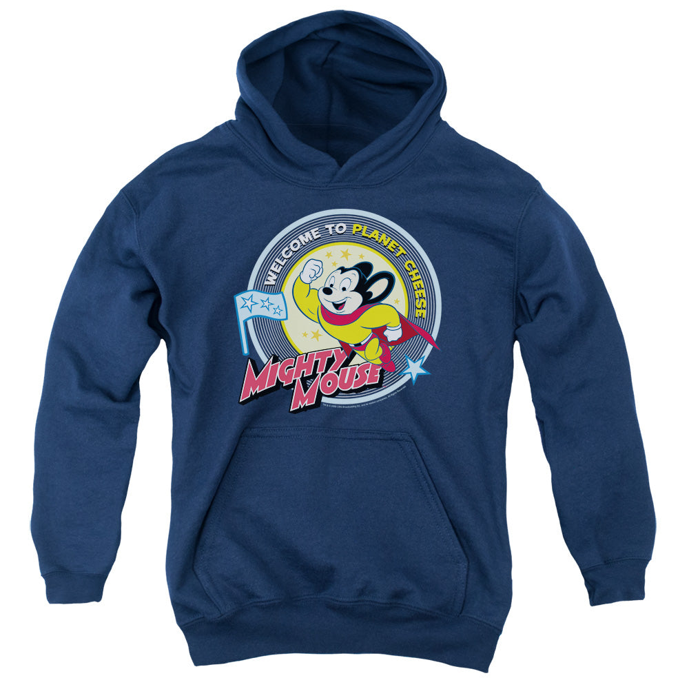 Mighty Mouse - Planet Cheese - Youth Pull-over Hoodie - Navy