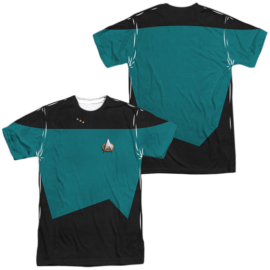 Star Trek - Tng Science Uniform (Front/back Print) - Short Sleeve Adult Poly Crew - White T-shirt