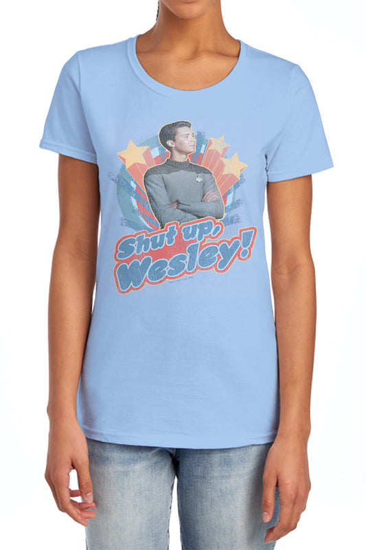Star Trek - Shut Up Wesley - Short Sleeve Womens Tee - Light Blue T-shirt