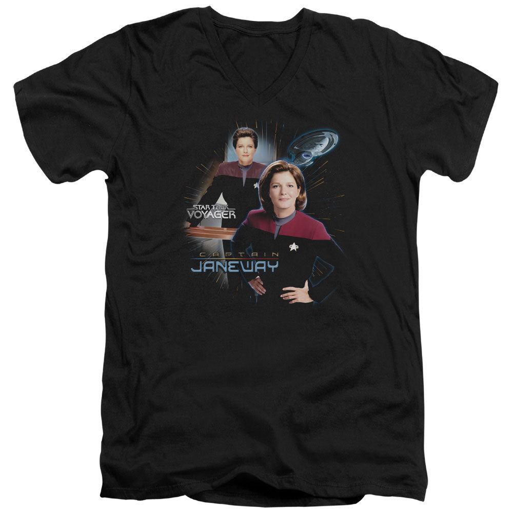Star Trek - Captain Janeway - Short Sleeve Adult V-neck - Black T-shirt