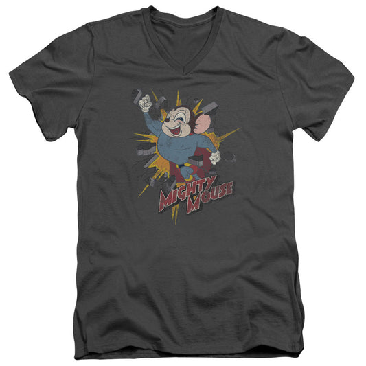 Mighty Mouse - Break Through - Short Sleeve Adult V-neck - Charcoal T-shirt