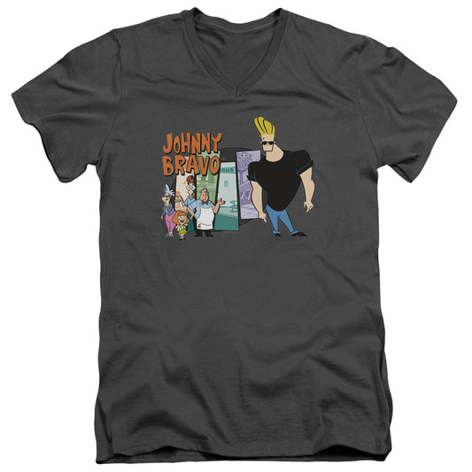 Johnny Bravo - Johnny & Friends - Short Sleeve Adult V-neck - Charcoal T-shirt