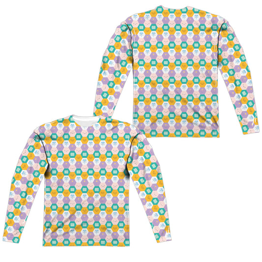 Adventure Time - Hexagon Pattern (Front/back Print) - Long Sleeve Adult Poly Crew  - White T-shirt