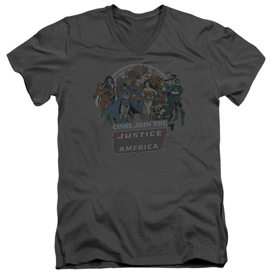 Dc - Join The Justice League - Short Sleeve Adult V-neck - Charcoal T-shirt