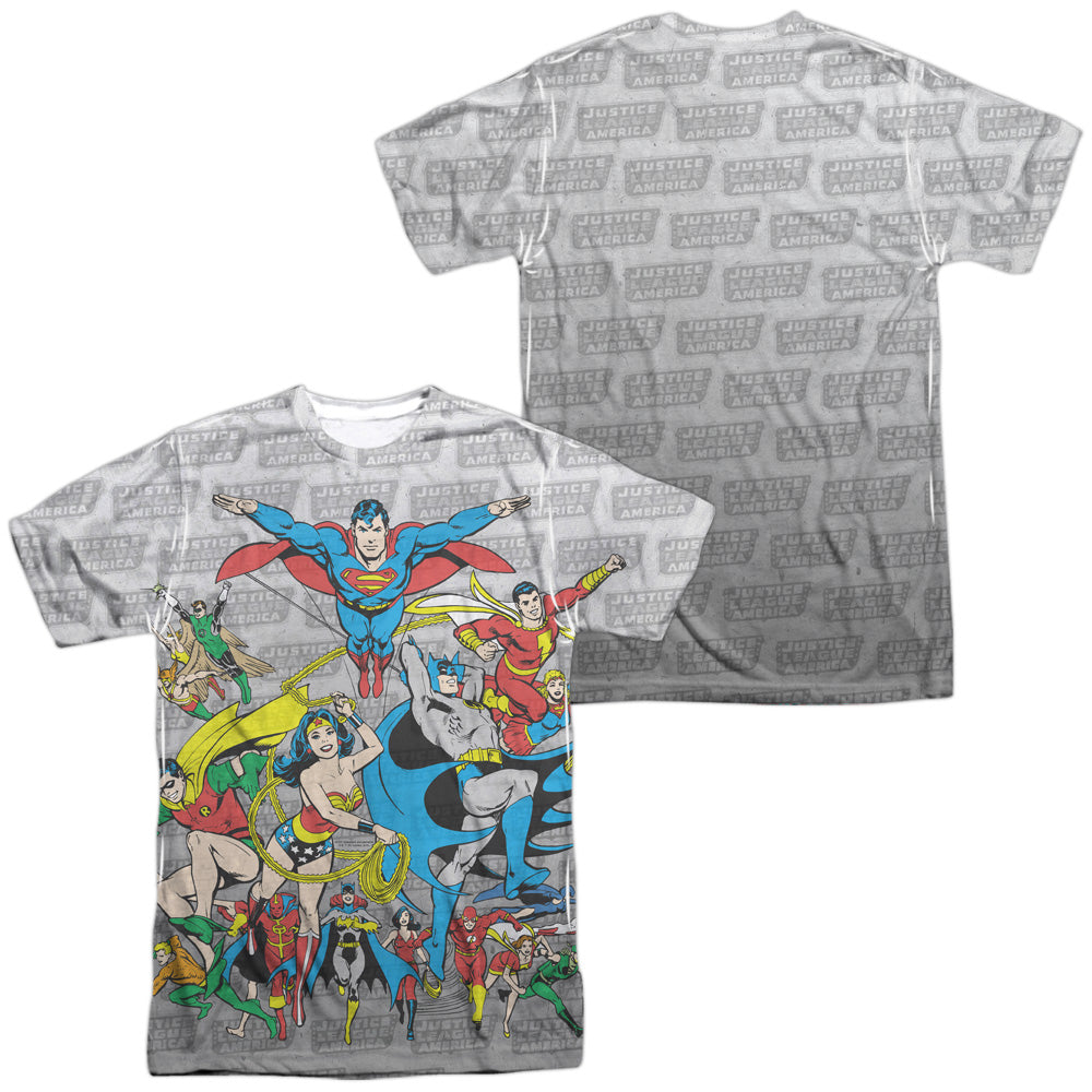 Dc - Justice League Assemble (Front/back Print) -  Short Sleeve Adult 100% Poly Crew - White T-shirt