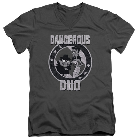 Rocky & Bullwinkle - Dangerous - Short Sleeve Adult V-neck 30/1 - Charcoal T-shirt