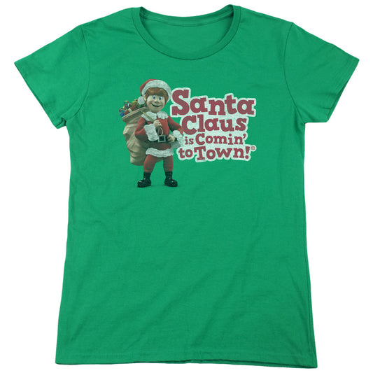 Santa Claus Is Comin To Town - Santa Logo - Short Sleeve Womens Tee - Kelly Green T-shirt